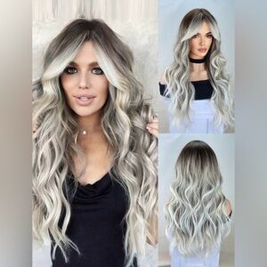 🆕 30” Ombre Gray Blonde Long Wavy Curly Hair Bangs Wig Synthetic Fibre